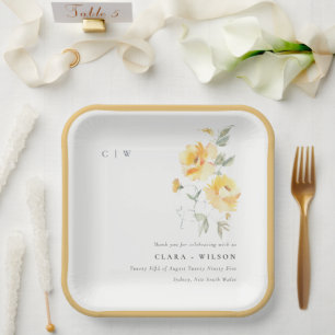 Yellow Green Watercolor Rose Flower Bunch Wedding Paper Plate