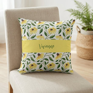 Yellow Green Watercolor Wildflower Monogram Name Cushion