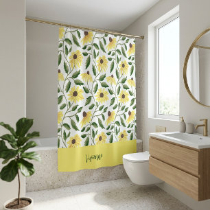 Yellow Green Watercolor Wildflower Monogram Shower Curtain