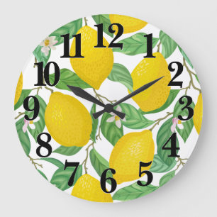 Yellow Green White Lemon Pattern  Large Clock