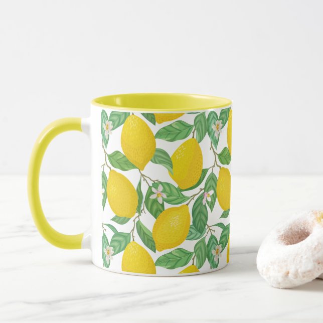 Yellow Green White Lemon Pattern Mug (With Donut)