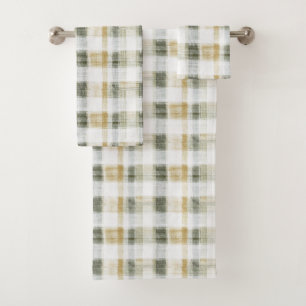 Yellow Green White Plaid Stripes Bath Towel Set