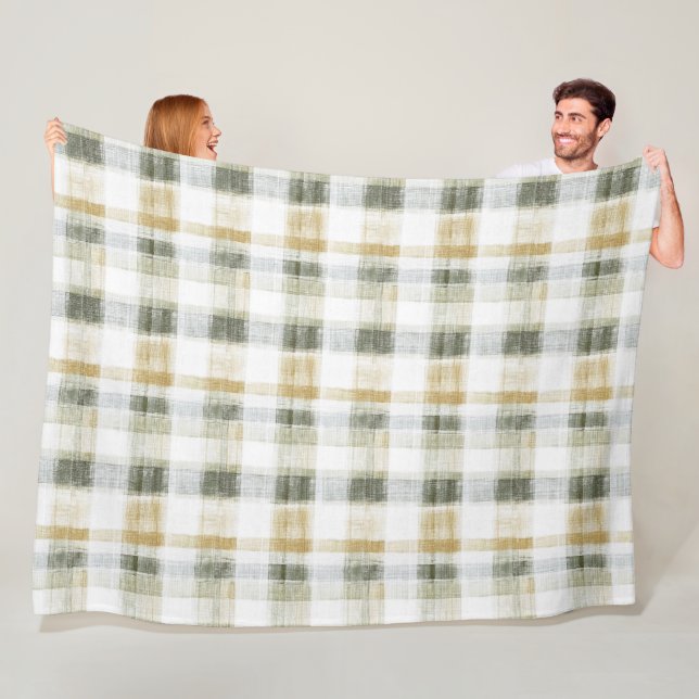 Yellow Green White Plaid Stripes Fleece Blanket (In Situ)