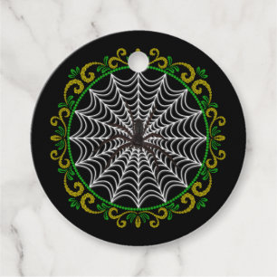 Yellow Green White Spider Web And Black Spider Favour Tags