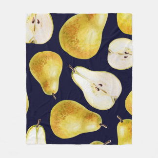 Yellow-green whole ripe pear on a black background fleece blanket