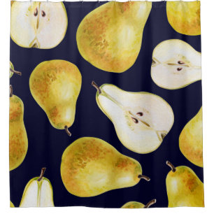 Yellow-green whole ripe pear on a black background shower curtain