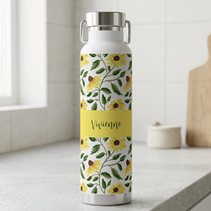 Yellow Green Wildflower Watercolor Monogram Name Water Bottle