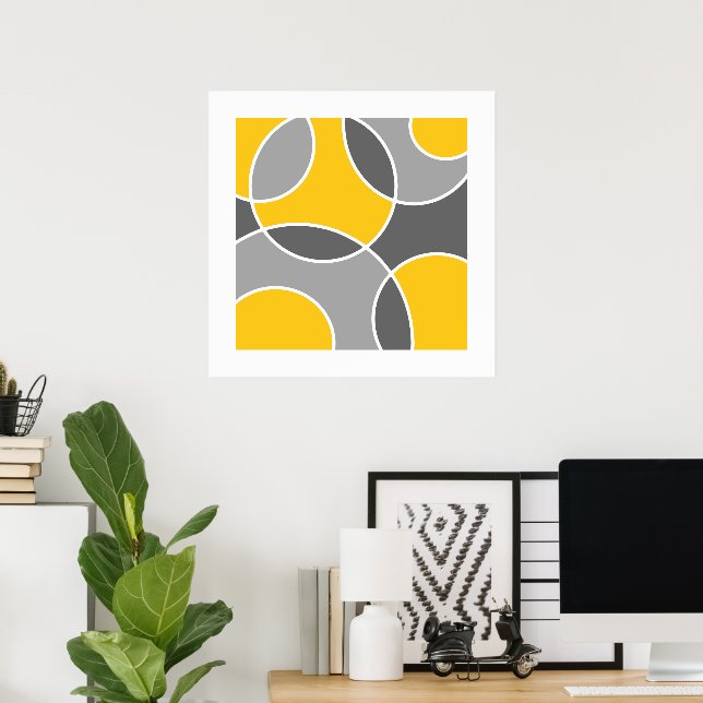 Yellow Grey Abstract Circles Throw Pillow Poster (Home Office)
