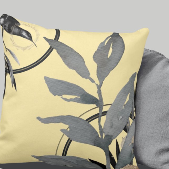 Yellow & Grey Abstract Watercolor Leaves Cushion (Creator Uploaded)