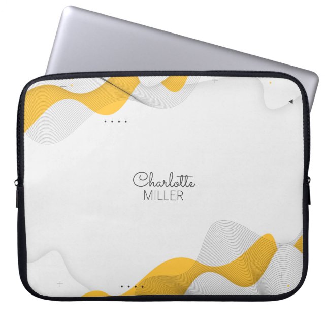 Yellow-Grey Abstract Waves with Custom Name Laptop Sleeve (Front)