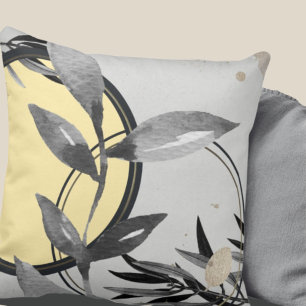 Yellow & Grey Abstract Zen Watercolor Leaf Cushion