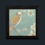 Yellow, Grey and Beige Bird Perched on a Branch Gift Box<br><div class="desc">Chariklia Zarris is known for her abstract art pieces. In this drawing of a profile of a bird on a blue teal background,  she captured the simplicity of the bird. The white flowers add a romantic touch. Customise your favourite Zazzle product using this beautiful image.</div>