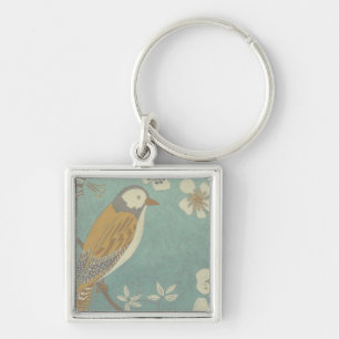 Yellow, Grey and Beige Bird Perched on a Branch Key Ring