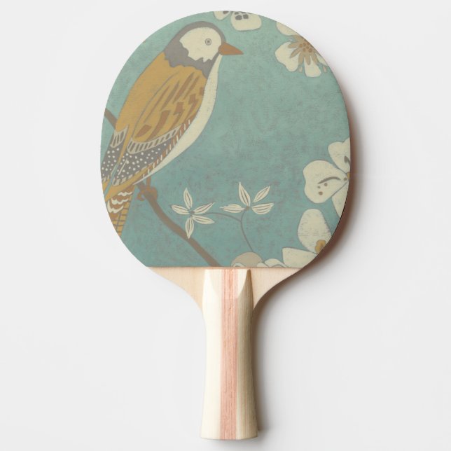 Yellow, Grey and Beige Bird Perched on a Branch Ping Pong Paddle (Front)