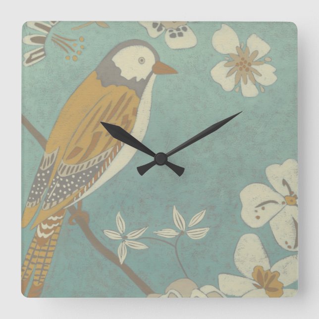 Yellow, Grey and Beige Bird Perched on a Branch Square Wall Clock (Front)