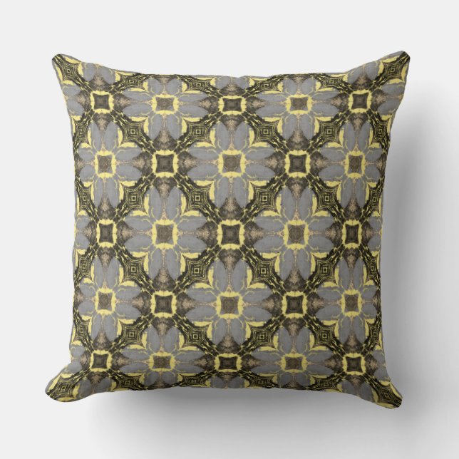 Yellow, Grey, and Black Flowers Pattern Cushion (Front)