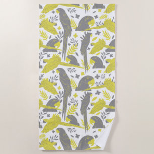 Yellow Grey Ara Parrot Drawing Tropical Pattern   Beach Towel