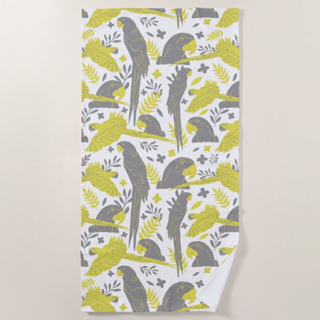 Yellow Grey Ara Parrot Drawing Tropical Pattern   Beach Towel (Front)