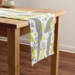Yellow Grey Ara Parrot Drawing Tropical Pattern Short Table Runner