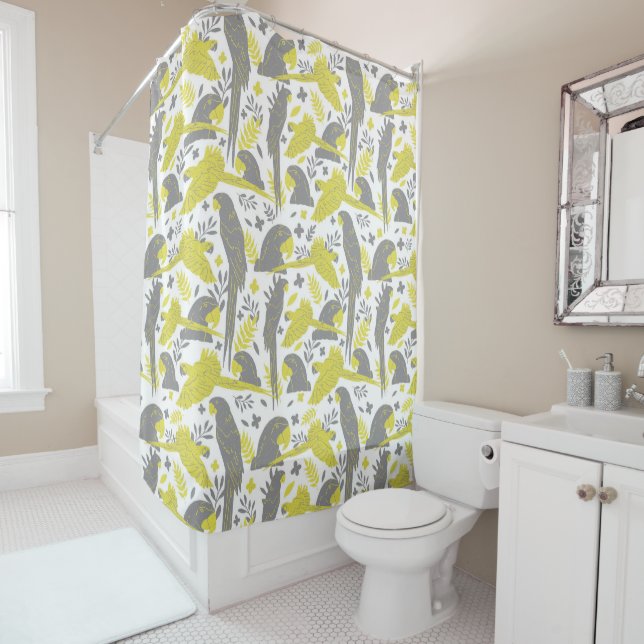 Yellow Grey Ara Parrot Drawing Tropical Pattern Shower Curtain (In Situ)