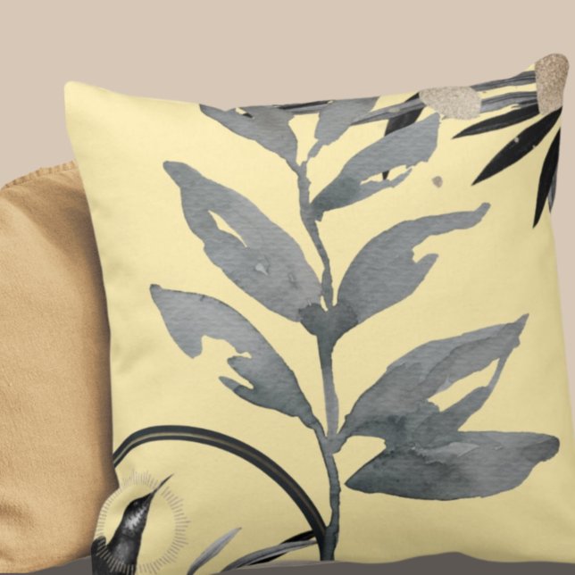 Yellow & Grey Artistic Watercolor Leaves Cushion (Creator Uploaded)