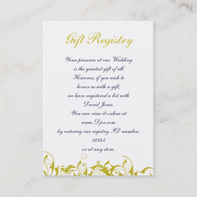 yellow grey Baroque Wedding Business Card (Front)