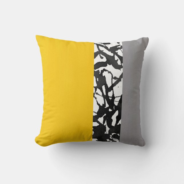 Yellow Grey Black and White Abstract Modern Cushion (Front)