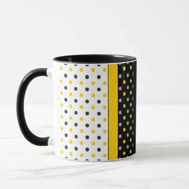 Yellow Grey Black and White Polka Dot Modern Mug (Left)