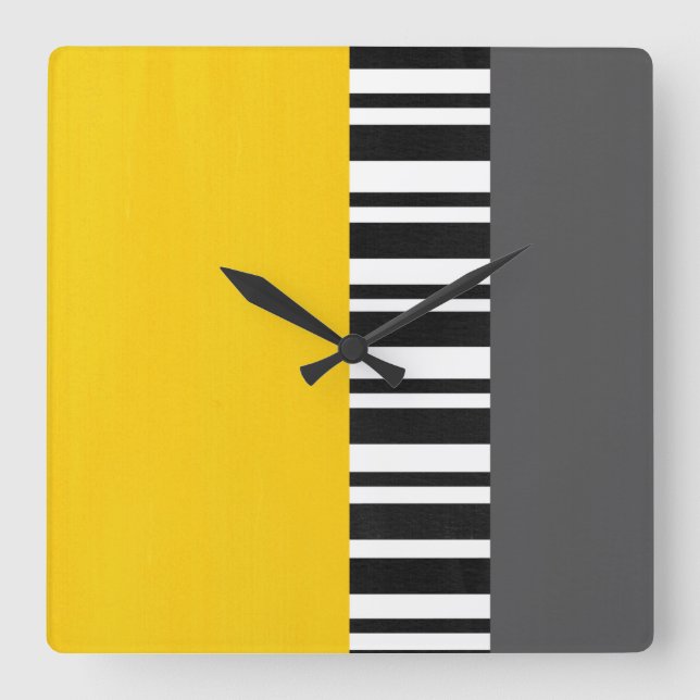 Yellow Grey Black and White Striped Modern Square Wall Clock (Front)