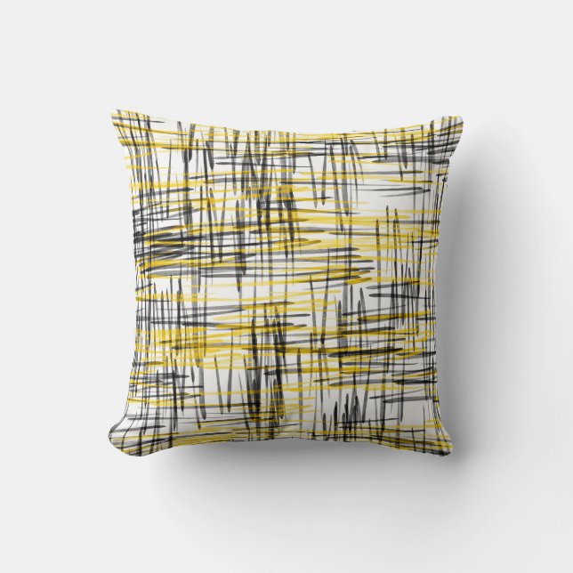 'Yellow Grey Black Scribbles' Abstract Watercolor Cushion (Front)