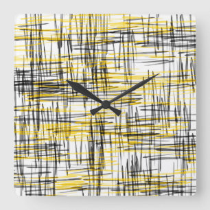 'Yellow Grey Black Scribbles' Abstract Watercolor Square Wall Clock