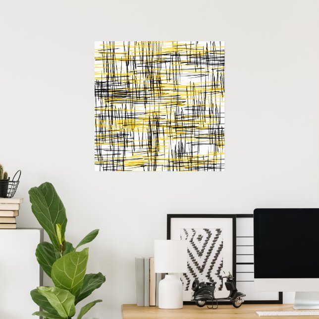 'Yellow Grey Black Scribbles' Watercolor Abstract Poster (Home Office)
