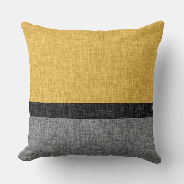 Yellow Grey Black Simple Stripe Crosshatch Cushion (Front)