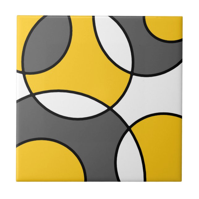 Yellow Grey Black White Abstract Circles  Tile (Front)