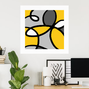 Yellow Grey Black White Abstract   Poster