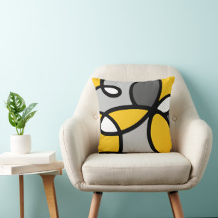 Yellow Grey Black White Abstract Throw Pillow