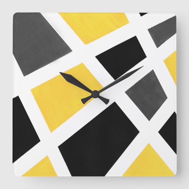 Yellow Grey Black White Geometric Square Wall Clock (Front)