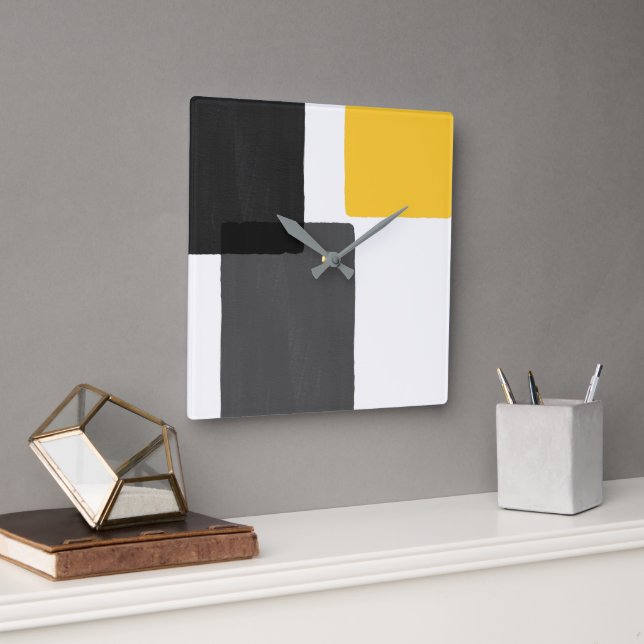Yellow Grey Black White Modern Minimalist Square Wall Clock (Office)