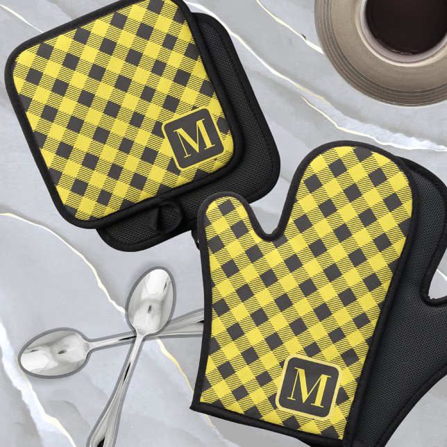 Yellow Grey Buffalo Plaid Gingham Monogram Cute  Oven Mitt & Pot Holder Set (Creator Uploaded)