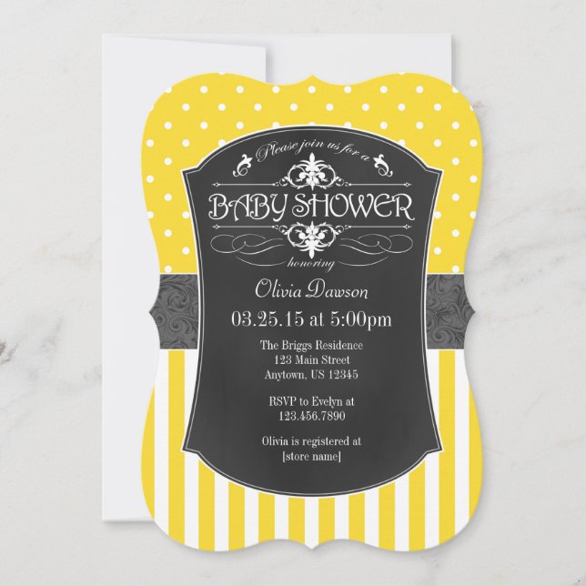 Yellow Grey Chalkboard Stripes Baby Shower Invite (Front)
