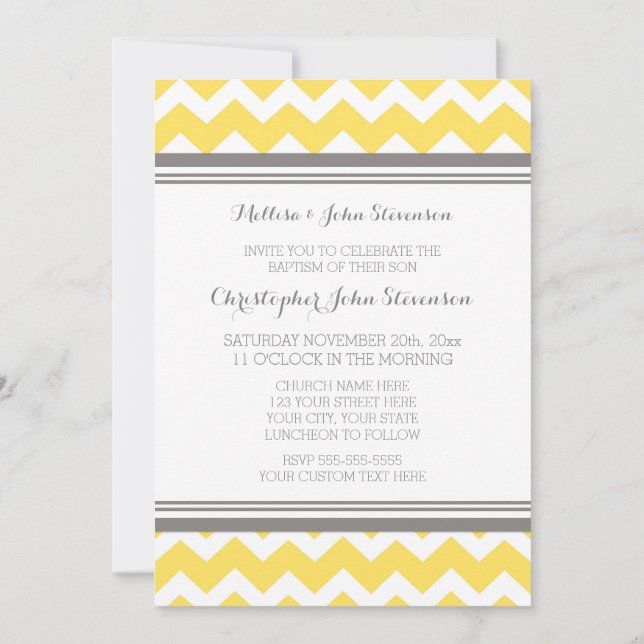 Yellow Grey Chevron Baptism Invitation (Back)