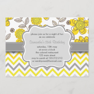 Yellow & Grey Chevron Floral Modern Birthday Party Invitation