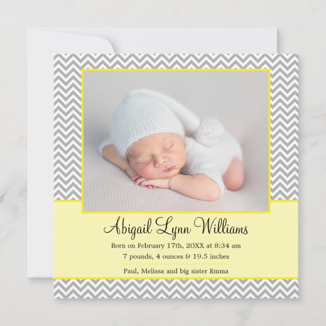 Yellow Grey Chevron Girl Photo Birth Announcement (Front)