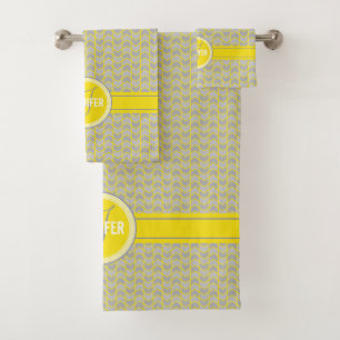 Yellow grey chevron monogrammed name bath towel set