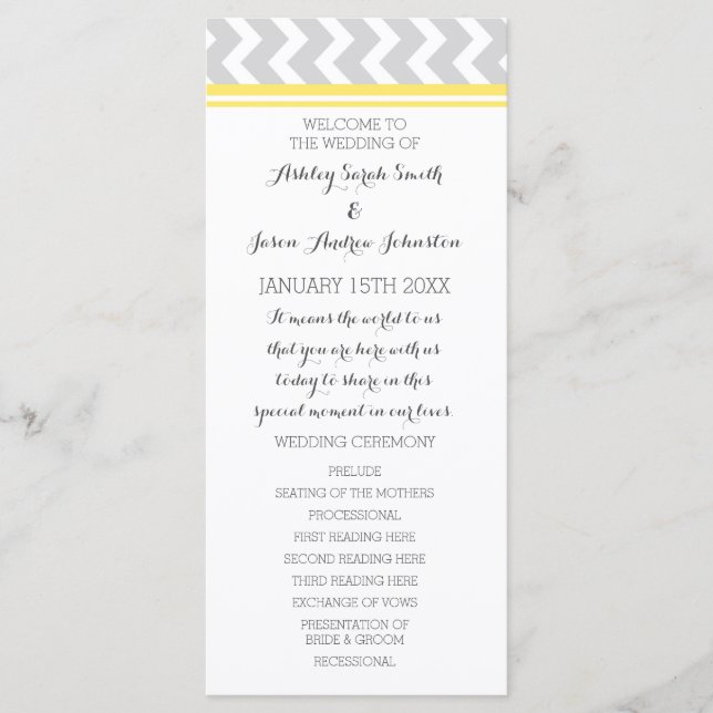 Yellow Grey Chevron Wedding Program Programme (Front)