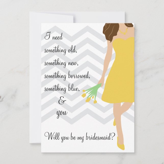 Yellow Grey Chevron Will You Be My Bridesmaid Invitation (Front)