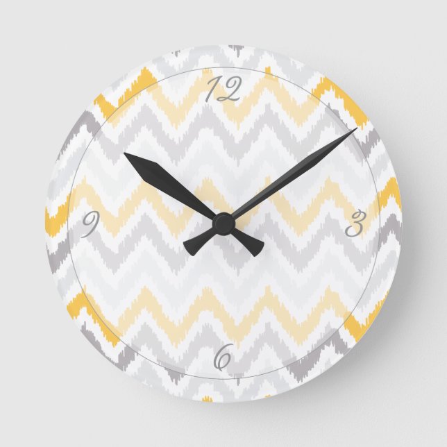 Yellow Grey Chevrons Ikat Pattern Round Clock (Front)