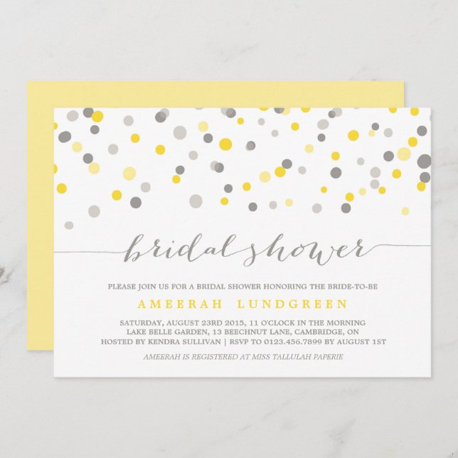 Yellow & Grey Confetti Dots Bridal Shower Invite (Front/Back)