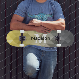 Yellow Grey Cool Ombre Geometric pattern Monogram Skateboard