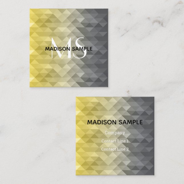 Yellow Grey Cool Ombre Geometric pattern Moonogram Square Business Card (Front/Back)